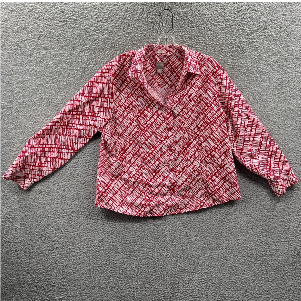 Chicos Women Blouse XL Red White Artsy Abstract Indie Button Front Office Casual